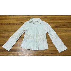 Rancho Estancia Women's Medium White 100% Cotton Smocked Boho Western Shirt‎